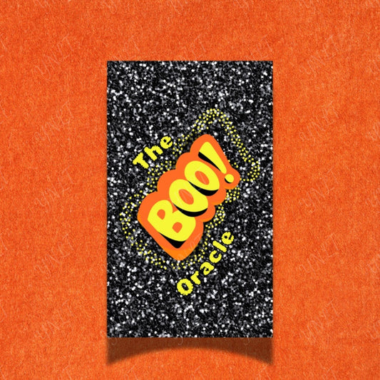Book titled 'The BOO! Oracle' on a glittery black background with an orange border