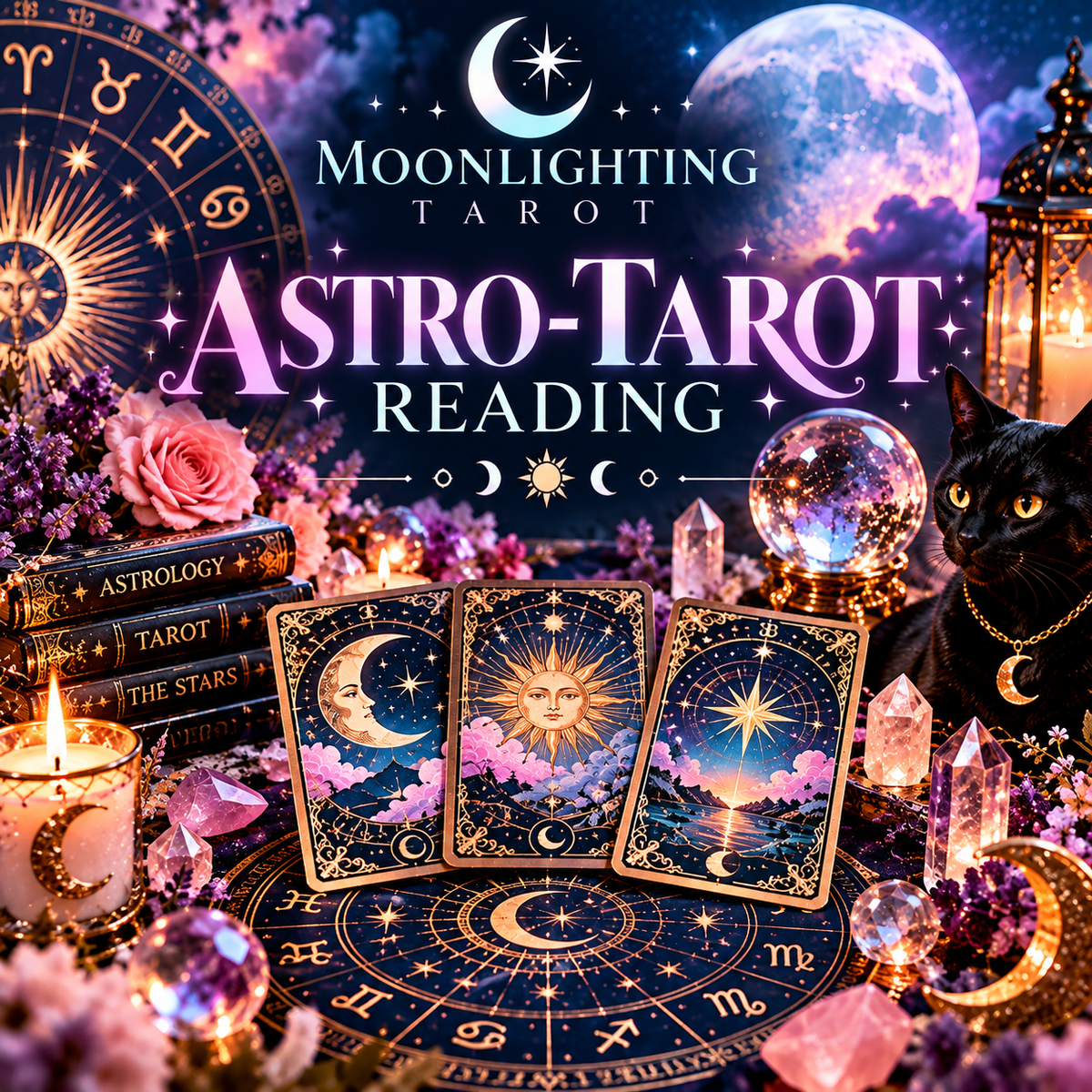 Promotional graphic for a 'Moonlighting Tarot Astro-Tarot Reading' featuring three illustrated tarot cards with celestial designs, crystals, candles, an astrological wheel, a black cat, and the text 'MOONLIGHTING TAROT ASTRO-TAROT READING' against a dreamy purple and blue night sky background.