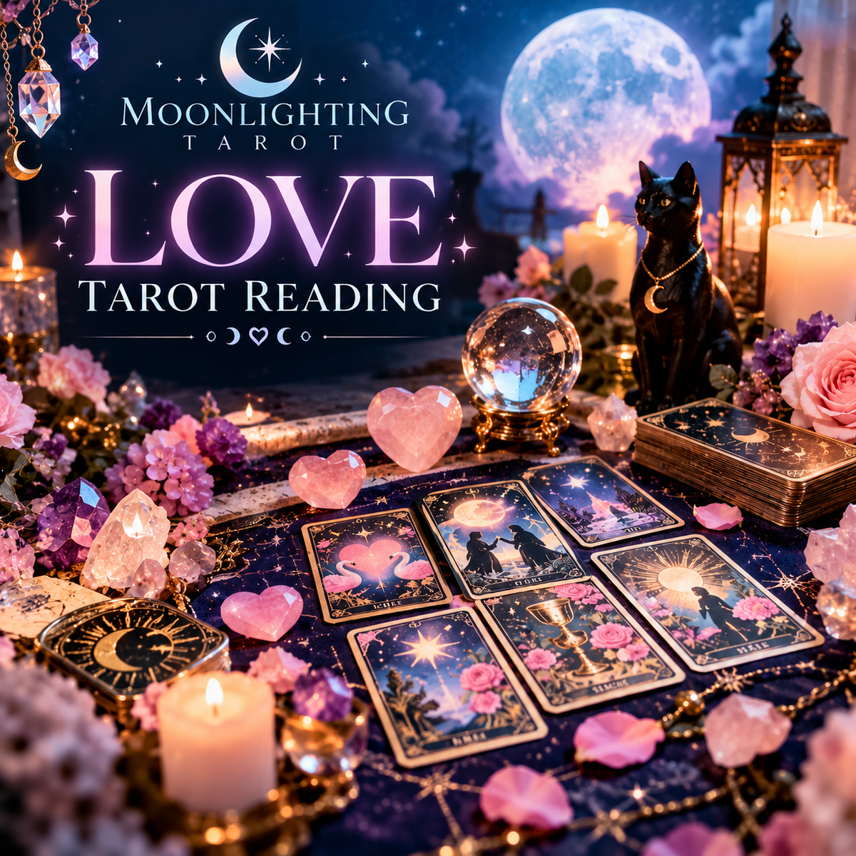 Moonlighting Tarot Reading 'Love' tarot cards arranged on a dark table with candles, crystals, flowers, a black cat statue, and a large moon in the background. The text 'MOONLIGHTING TAROT LOVE TAROT READING' appears at the top.