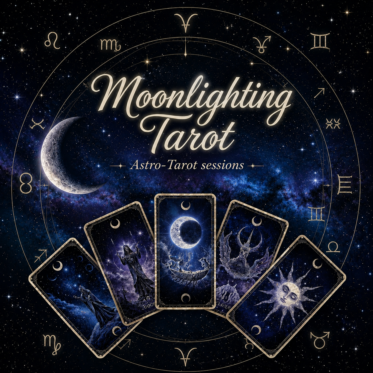 Moonlighting Tarot card deck cover art featuring five illustrated tarot cards fanned out against a starry night sky with a crescent moon, zodiac symbols, and astrological line art.