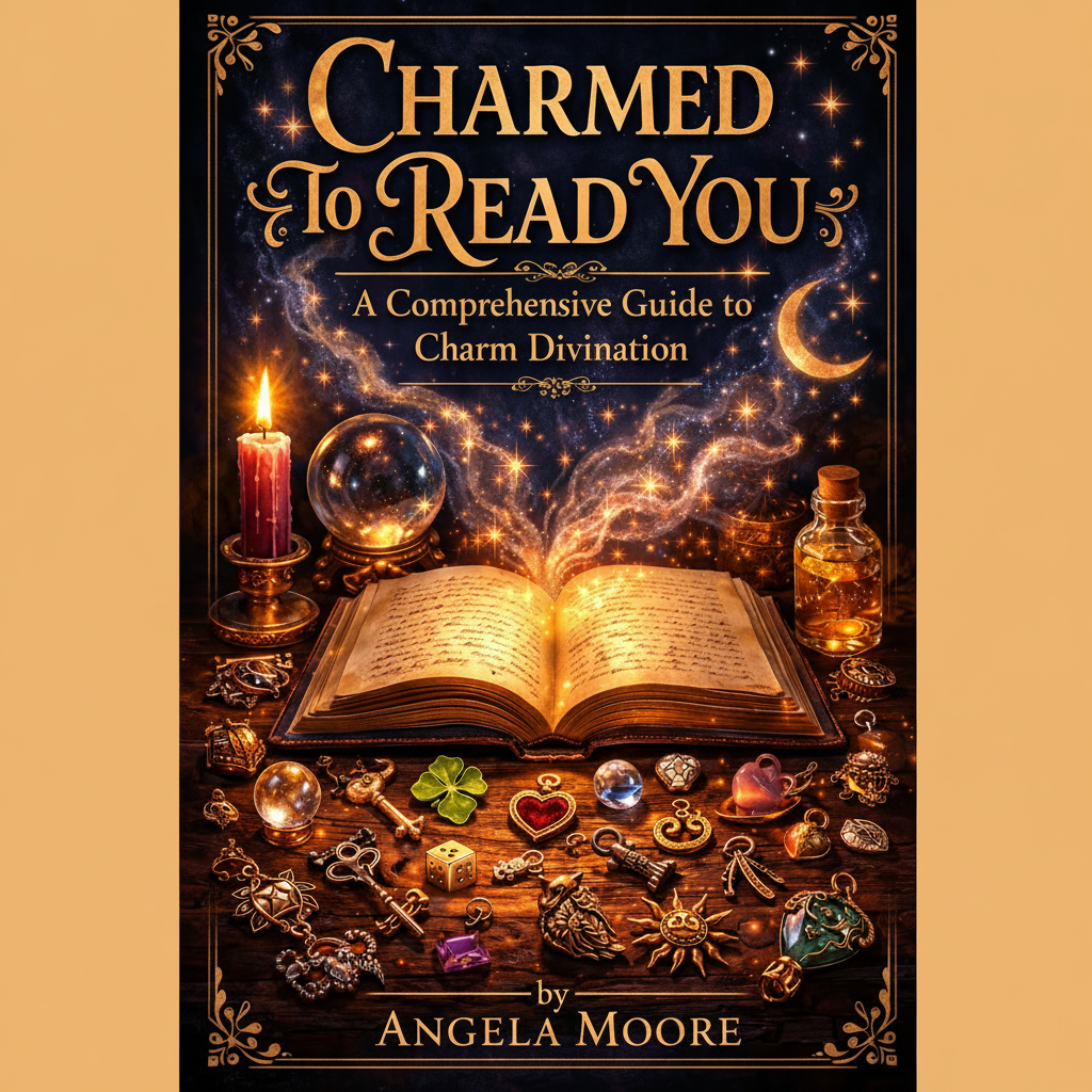 Book cover of 'Charmed to Read You' with magical elements and open book on a wooden surface.