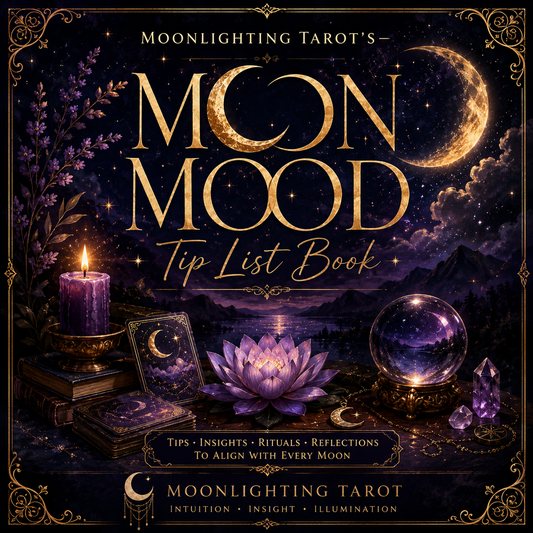 Book cover of 'Moon Mood Tip List Book' by Moonlighting Tarot with moon, candle, and crystal ball imagery.