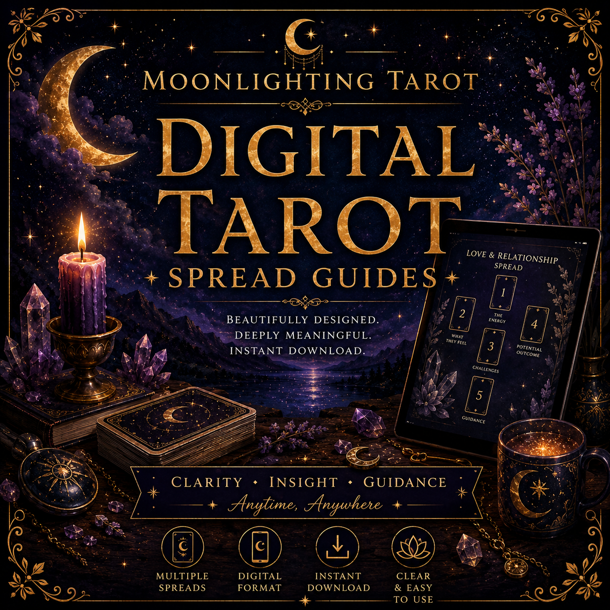 Digital Tarot Spread Guides packaging with tarot cards, candle, and crystals on a dark background.