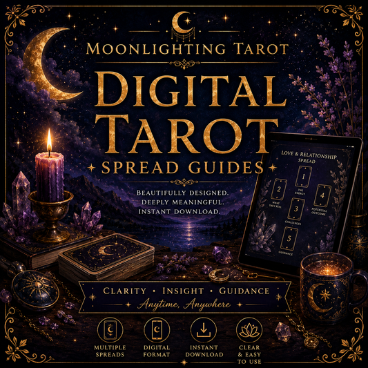 Digital Tarot Spread Guides packaging with tarot cards, candle, and crystals on a dark background.