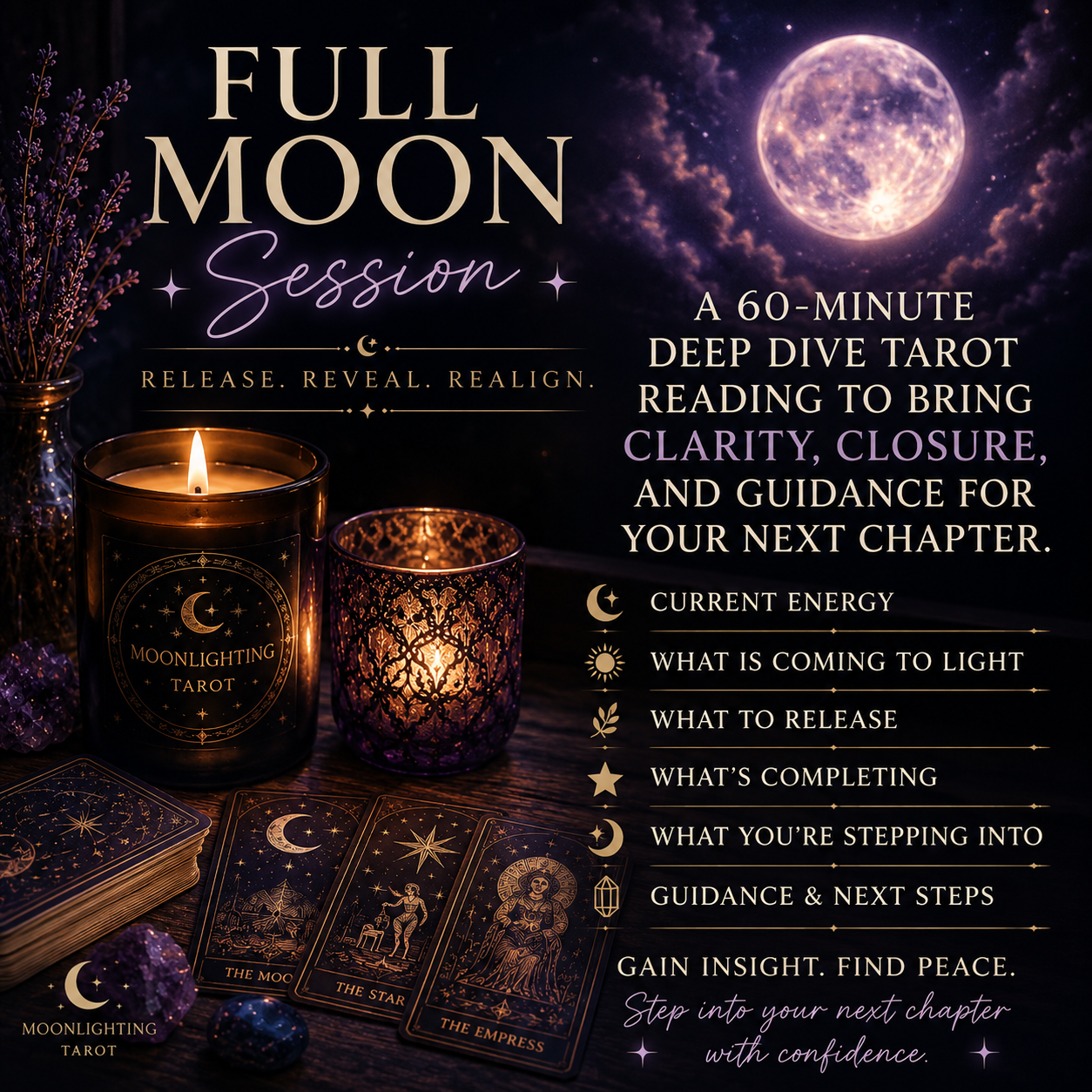 Promotional graphic for a 'Full Moon Session' tarot reading by Moonlighting Tarot, featuring a lit candle, patterned lantern, tarot cards, crystals, and a large moon in a starry night sky background.
