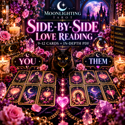 Promotional graphic for a Moonlight Tarot 'Side-by-Side Love Reading' showing a black cat with glowing eyes over a spread of tarot cards, surrounded by pink roses, candles, crystals, and mystical text. The text reads 'Moonlight Tarot', 'SIDE-BY-SIDE LOVE READING', '9-12 CARDS + IN-DEPTH PDF'.