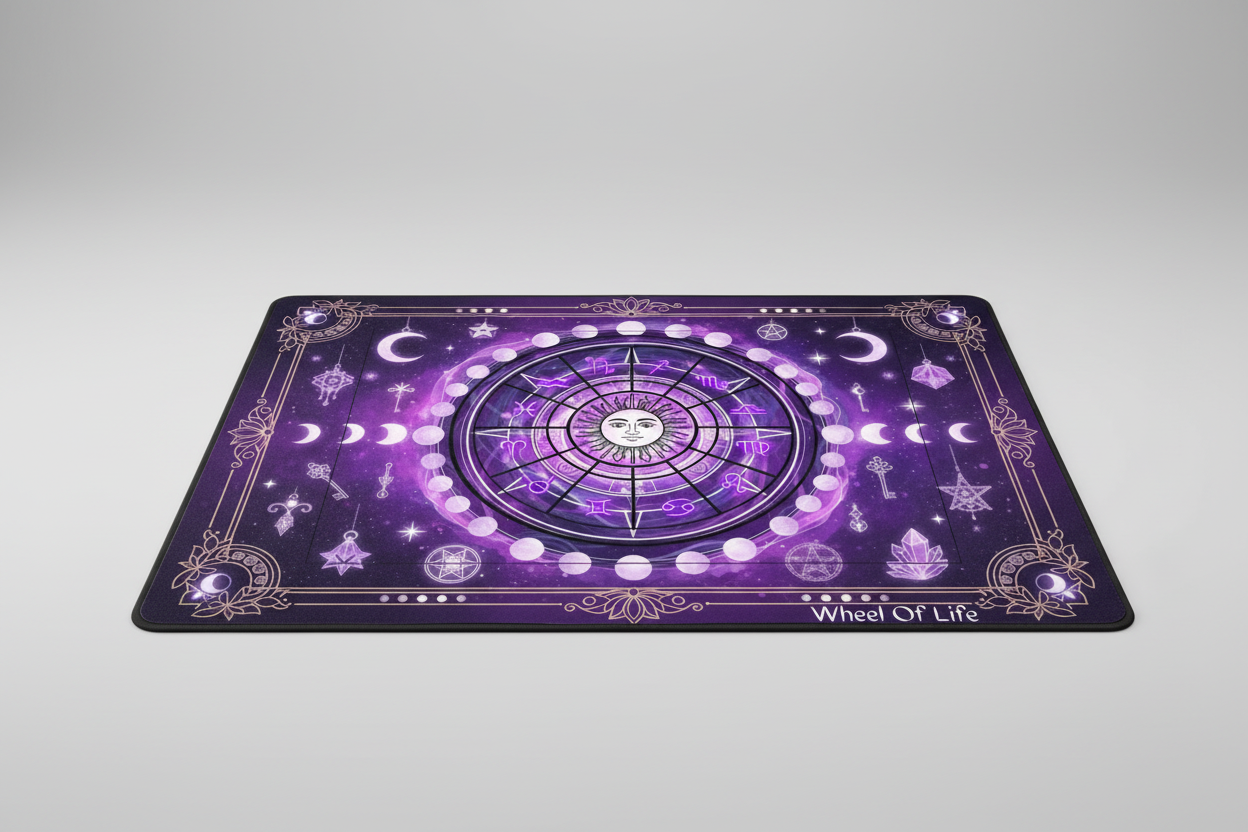 Wheel of Life symbol on a purple background with celestial elements