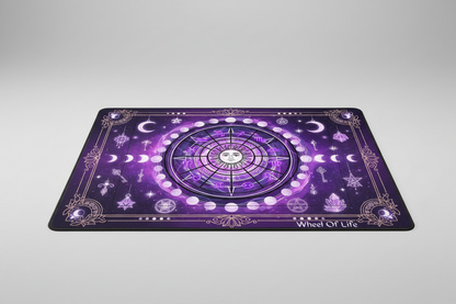 Wheel of Life symbol on a purple background with celestial elements