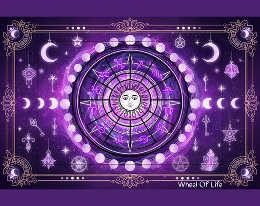 Wheel of Life symbol on a purple background with celestial elements