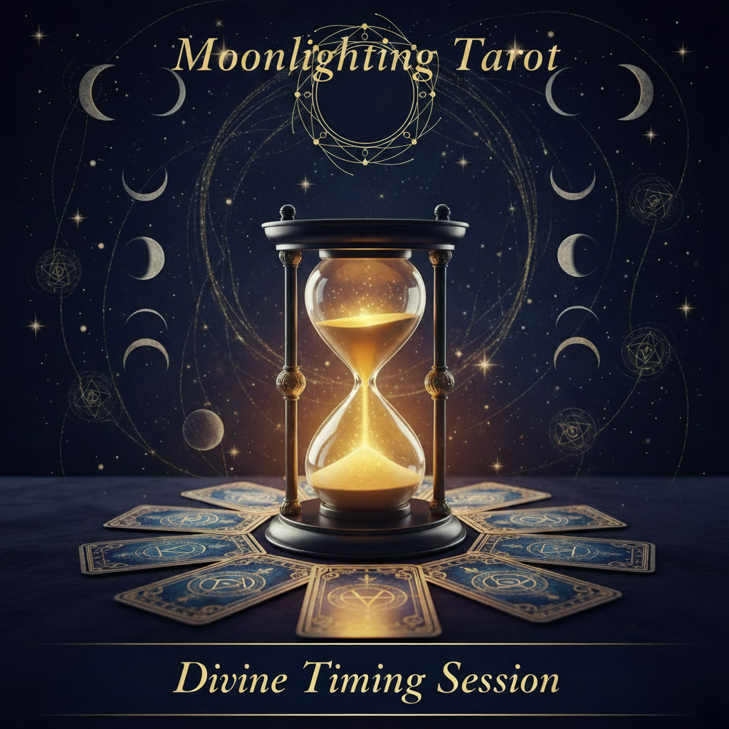 Moonlighting Tarot card deck packaging or cover art featuring an hourglass with glowing golden sand on a table, surrounded by tarot cards and celestial moon phases against a dark starry night sky. Text reads 'Moonlighting Tarot' and 'Divine Timing Session'.