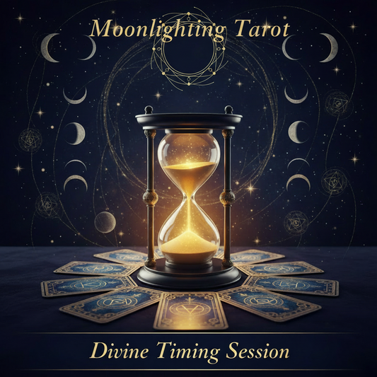 Moonlighting Tarot card deck packaging or cover art featuring an hourglass with glowing golden sand on a table, surrounded by tarot cards and celestial moon phases against a dark starry night sky. Text reads 'Moonlighting Tarot' and 'Divine Timing Session'.