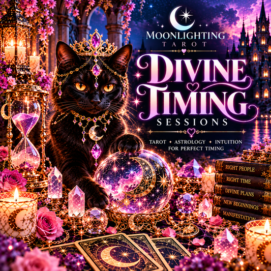 Promotional artwork for Moonlighting Tarot Divine Timing Sessions, featuring a black cat in ornate jewelry beside a glowing crystal ball, candles, tarot cards, crystals, and roses in a fantasy castle setting.