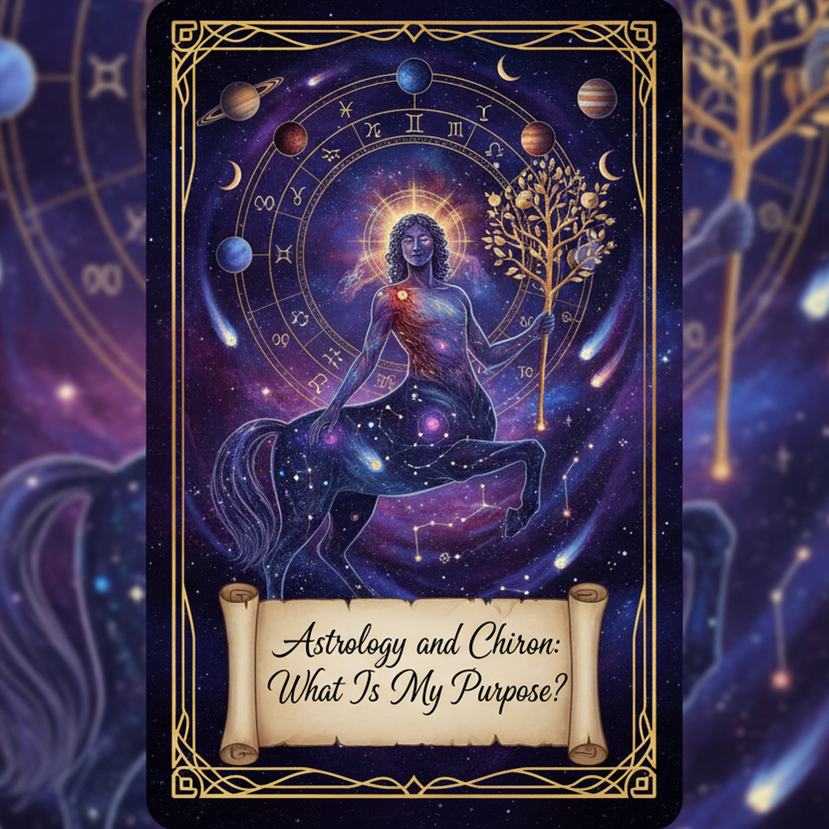 Astrology-themed card with a person holding a staff, surrounded by celestial symbols and zodiac signs. moonlighting tarot