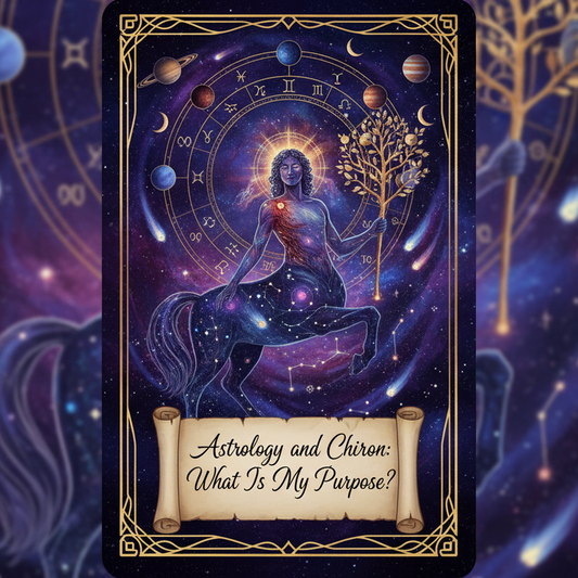 Astrology-themed card with a person holding a staff, surrounded by celestial symbols and zodiac signs. moonlighting tarot