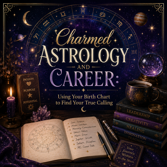 Book titled 'Charmed Astrology and Career' with astrological symbols and books on a dark background. Moonlighting tarot.
