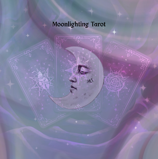 Decorative tarot card design with celestial symbols and 'Moonlighting Tarot' text on a soft, multicolored background.