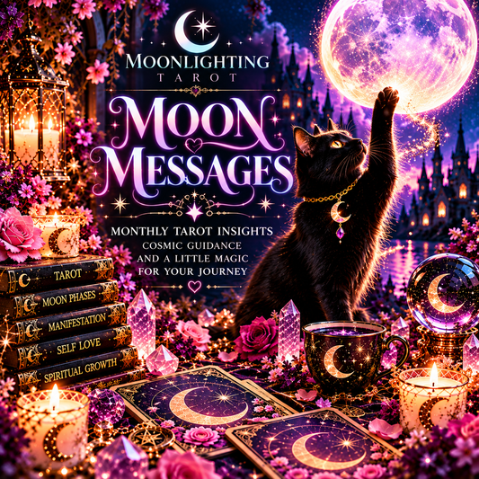 Promotional artwork for Moonlighting Tarot's 'Moon Messages' featuring a black cat reaching toward a glowing moon, surrounded by tarot cards, candles, crystals, roses, and mystical text on a dark purple cosmic background.
