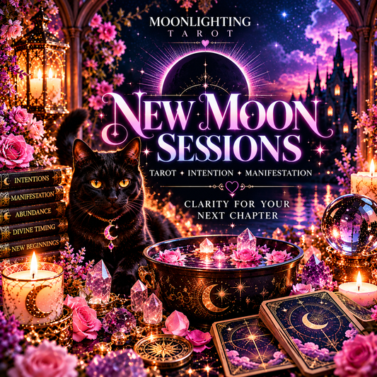 A stylized promotional scene for Moonlighting Tarot New Moon Sessions, featuring a black cat with glowing yellow eyes, a bowl of pink flowers and crystals, tarot cards, candles, roses, and a starry purple sky with a moon phase graphic. Large text reads 'MOONLIGHTING TAROT', 'New Moon Sessions', and 'Clarity for your next chapter'.