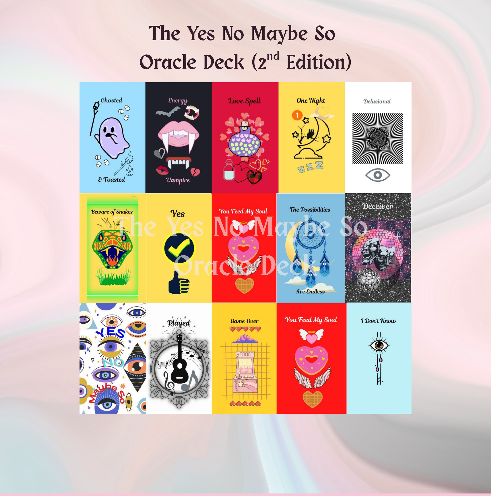 Grid of colorful Oracle Deck cards with various symbols and text on a gradient background.